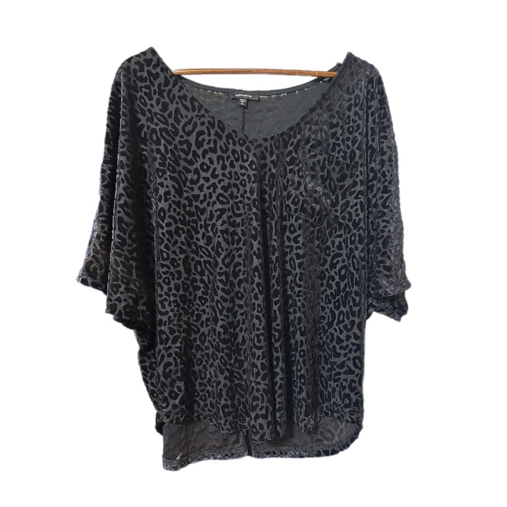 Mittoshop Leopard Burnout Velvet Top XL Grey Black‎ Dolman Sleeve V-Neck Blouse